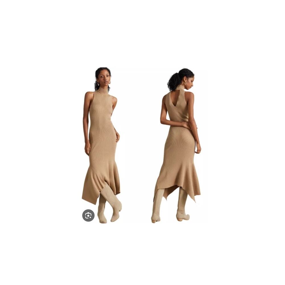 NWT Anthropologie small mock neck midi, bodycon cedar tan dress sz XS